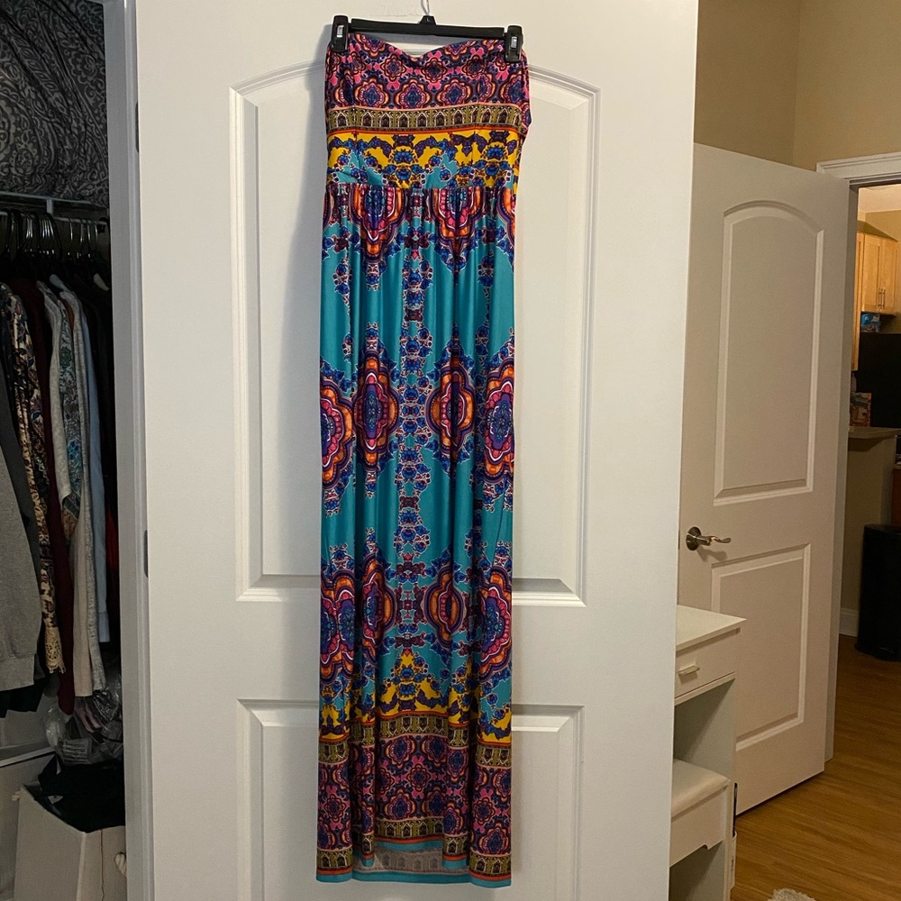 Colorful strapless summer maxi dress